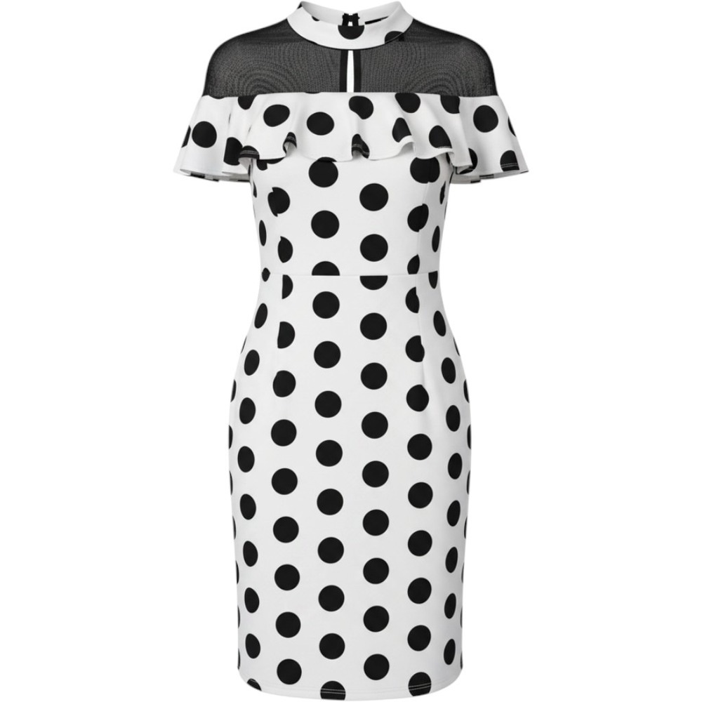 (CL) Wrapper Polka Dot Ruffle Mesh Mock Neck Sheath Dress 3X Black White